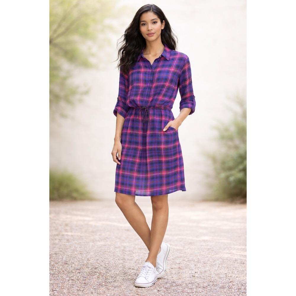 Adrianna Papell Shirt Dress Large Plaid Drawstring Roll Tab Sleeve Casual